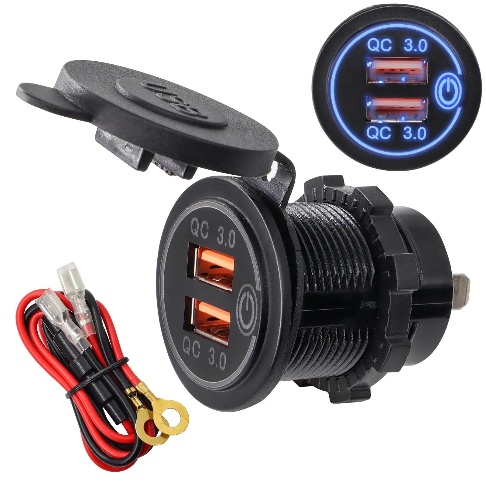 Quick Charge 3.0 Charger Socket 12/24V Dual USB Outlet Aluminum Power Waterproof Fast Adapter with Wire Voltmeter Car Boat Truck