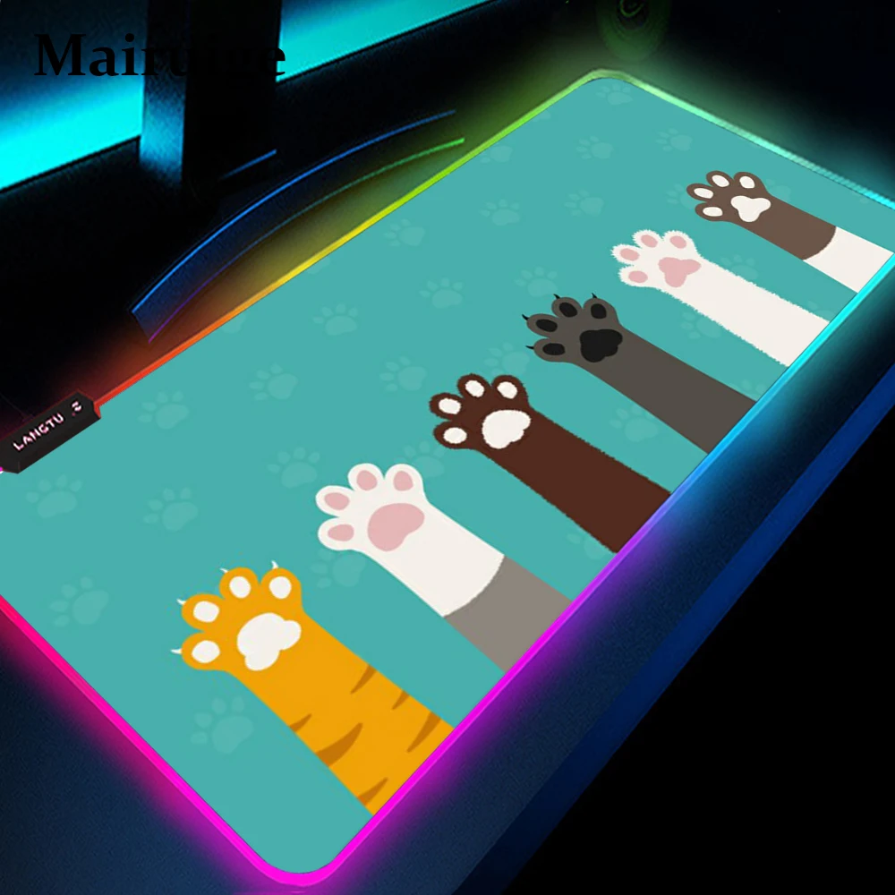 Imagem -04 - Gato Bonito Pata Mouse Almofada Rgb Rosa Macio Grande Teclado Capa Gota Compras Mesa-tapete de Jogos Kawaii Led Luz Mousepad 35x90cm