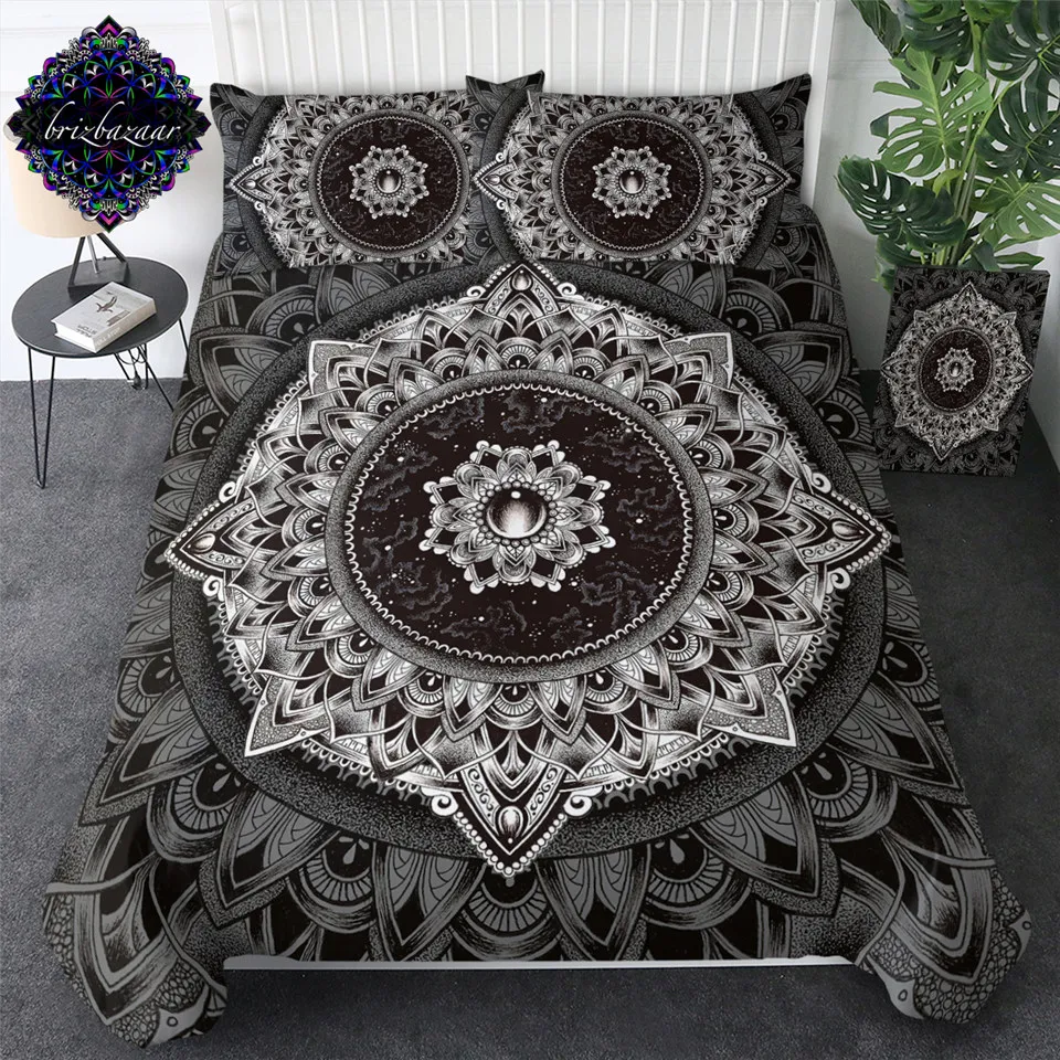 

Mandala by Brizbazaar Bedding Set Black White Flower Duvet Cover Mysterious Universe Bed Set Vintage Gemstone Bohemia Bedclothes