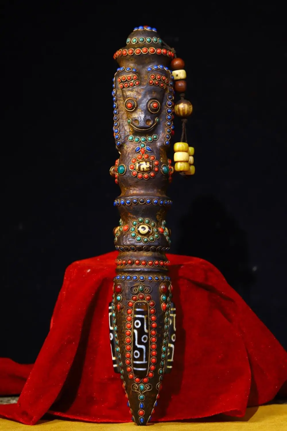 13 "Xizang الشعبية القديمة النيزك الطبيعي فسيفساء جوهرة gZi الخرز Hayagriva رئيس Vajra Phurba تميمة دارما تاون هاوس