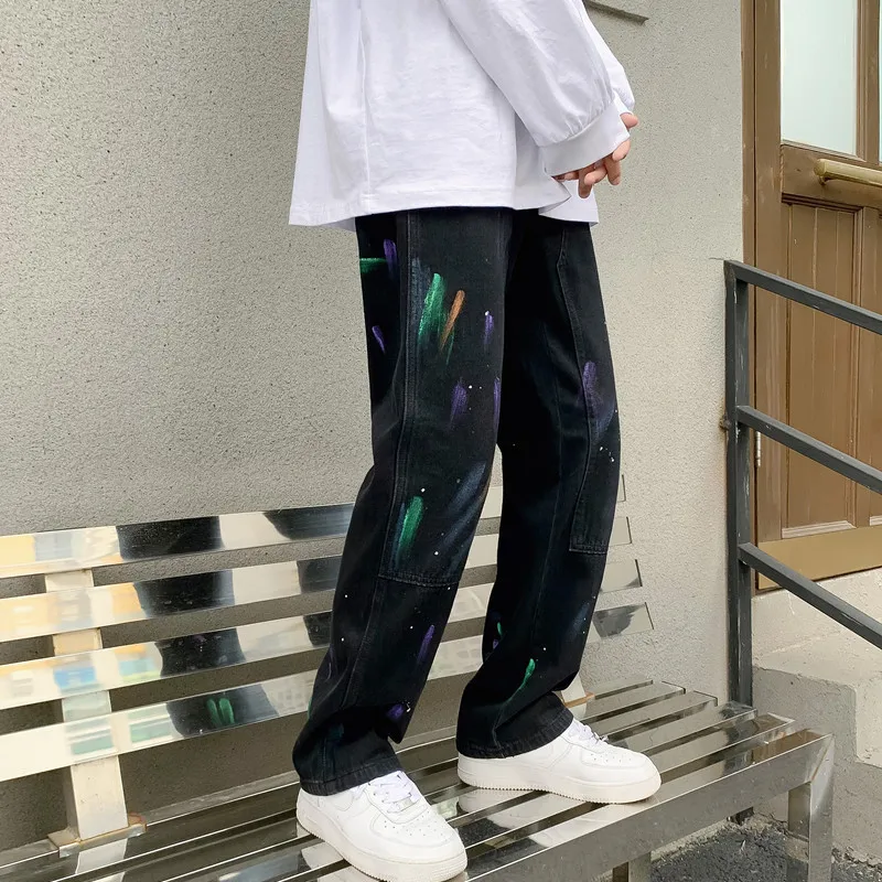 ICCLEK Splash Ink Jeans Men's Fall Loose Casual Straight-leg Pants High Street Sports Pants Men Skinny Jeans  Patchwork Jeans