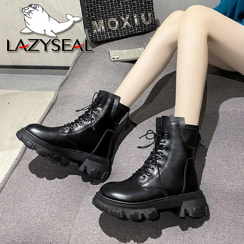 LazySea 2021 Patent Leather Square Heel Platform Boots Women Back Zipper Round Toe Waterproof Non-slip Elastic Band Marten Boots