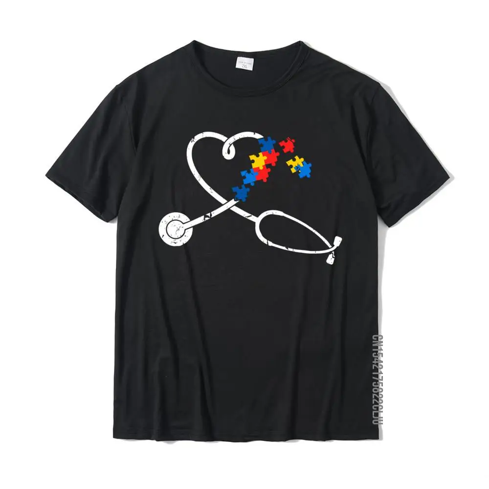 Funny Nurse Autism Puzzle Stethoscope Heart Tshirt T-Shirt Tops T Shirt Newest Custom Cotton Men T Shirts Custom