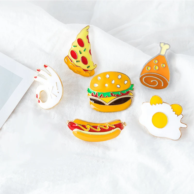 Cute Food Brooch Enamel Pins French fries Egg Burgers Pizza icon badge jacket Backpack Lapel Metal Pin Kids Female Jewelry Gift