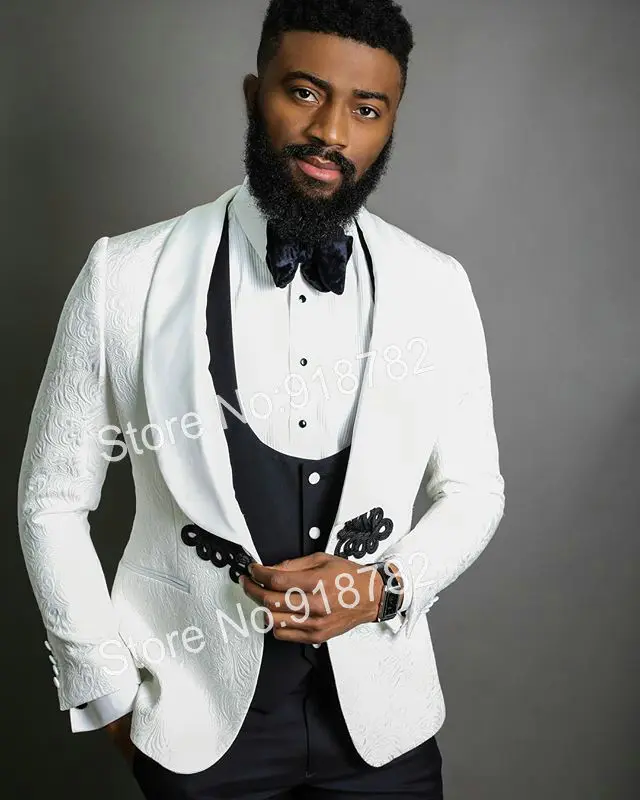 

Latest Coat Pant Designs 2020 Men Floral Tuxedo White Blazer Chinese Button Black Vest Pant Groom Suit Wedding Suits For Men
