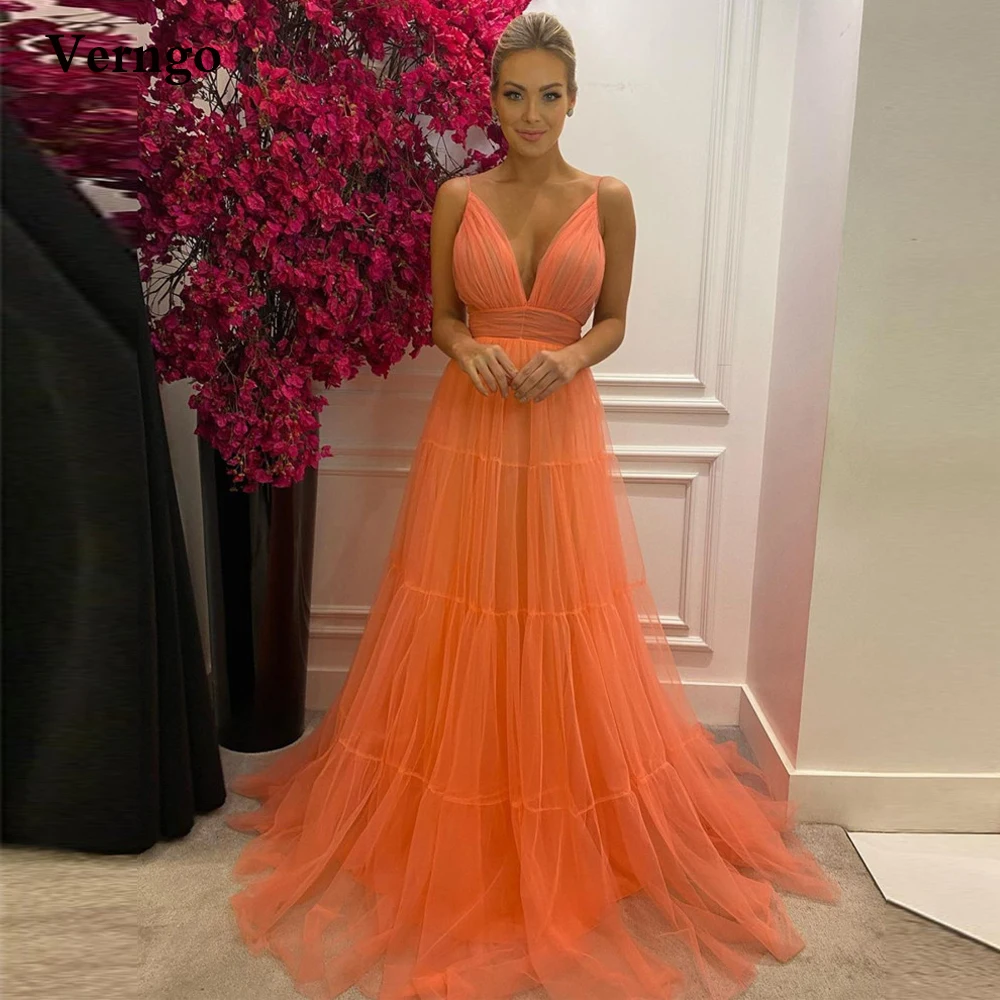 

Verngo 2021 Simple Orange Tulle Long Prom Dresses Spaghetti Straps Tiered Open Back Sexy Evening Gowns Special Occasion Dress