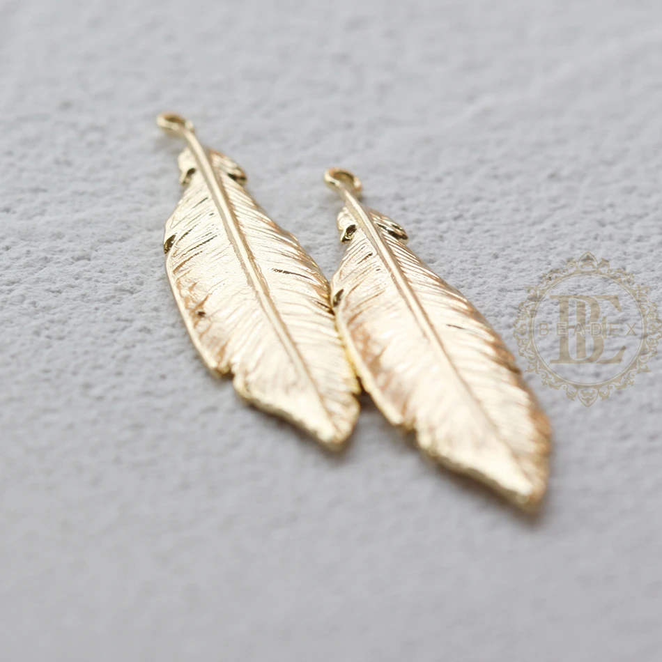 One Piece Premium Plated Solid Brass Feather Charm - 41x10mm (4711C)