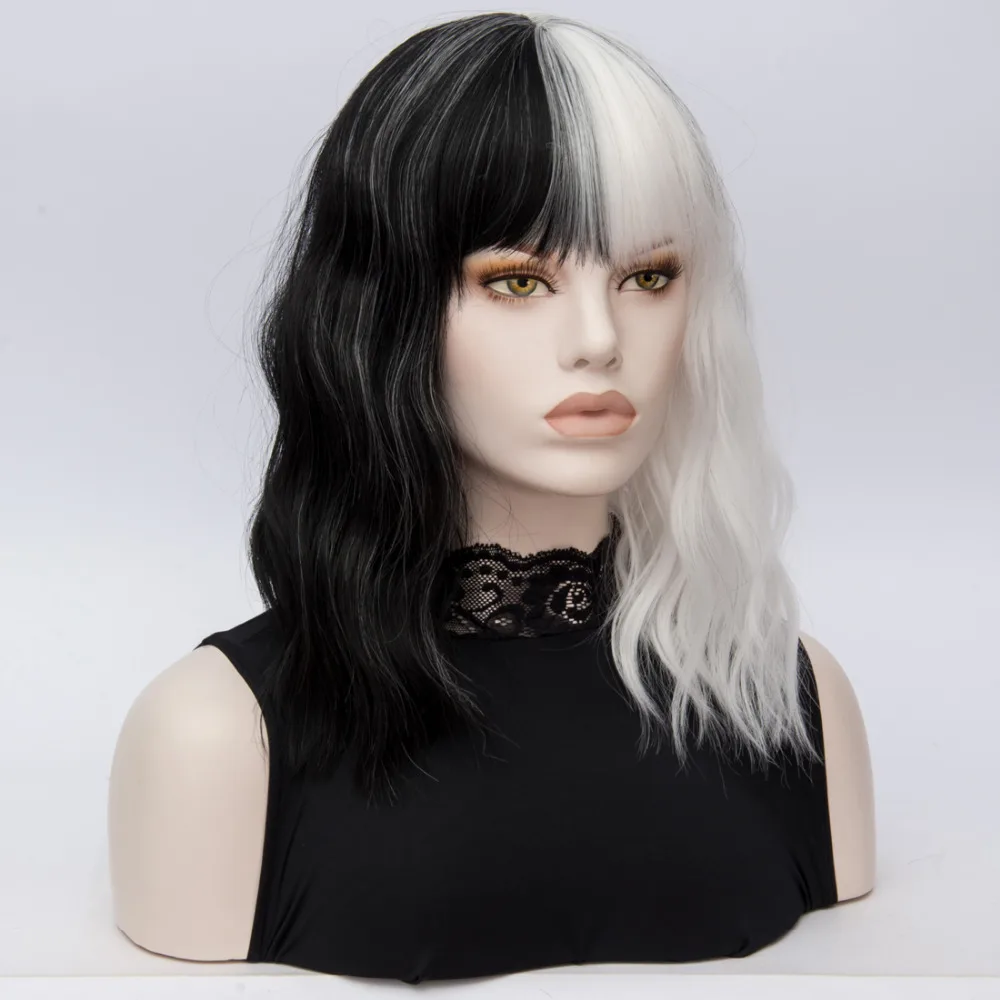 High Quality CRUELLA De Vil Wigs Deville Middle Long Black White Curly Heat Resistant Hair Cosplay Wig + Wig Cap