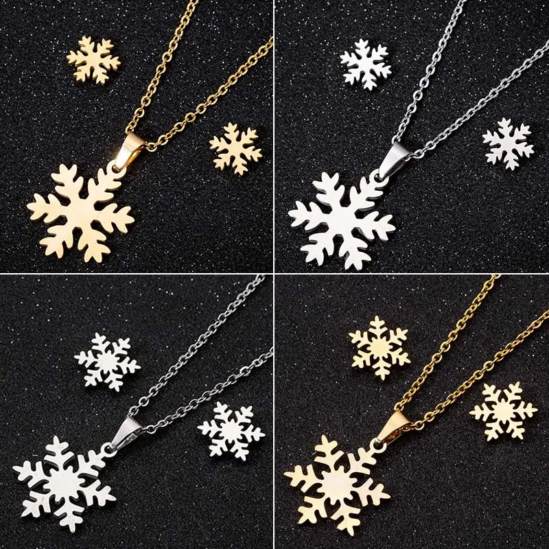 Jisensp New Snowflake Pendant Jewelry Necklace Trendy Stainless Steel Snow Flower Necklaces for Women Christmas Gift Friends