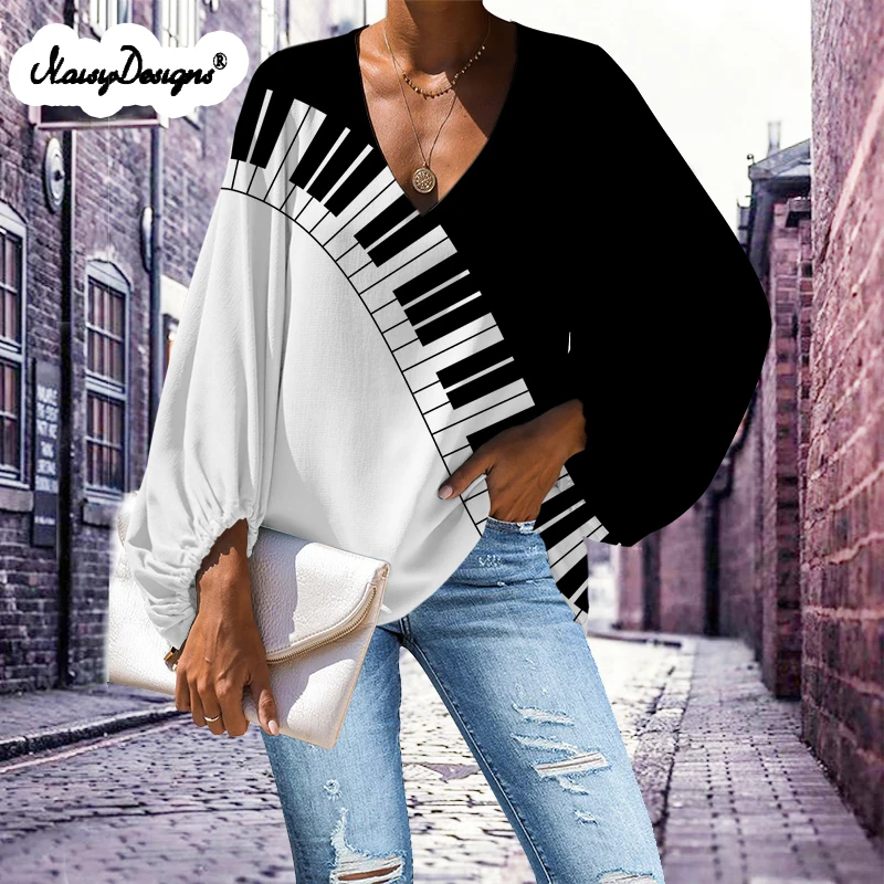 

Noisydesigns 4XL Lady Large Size Blouse Musical Notes Print Women Blouse Casual Loose Long Sleeve Shirt Tops V-neck Dropshipping