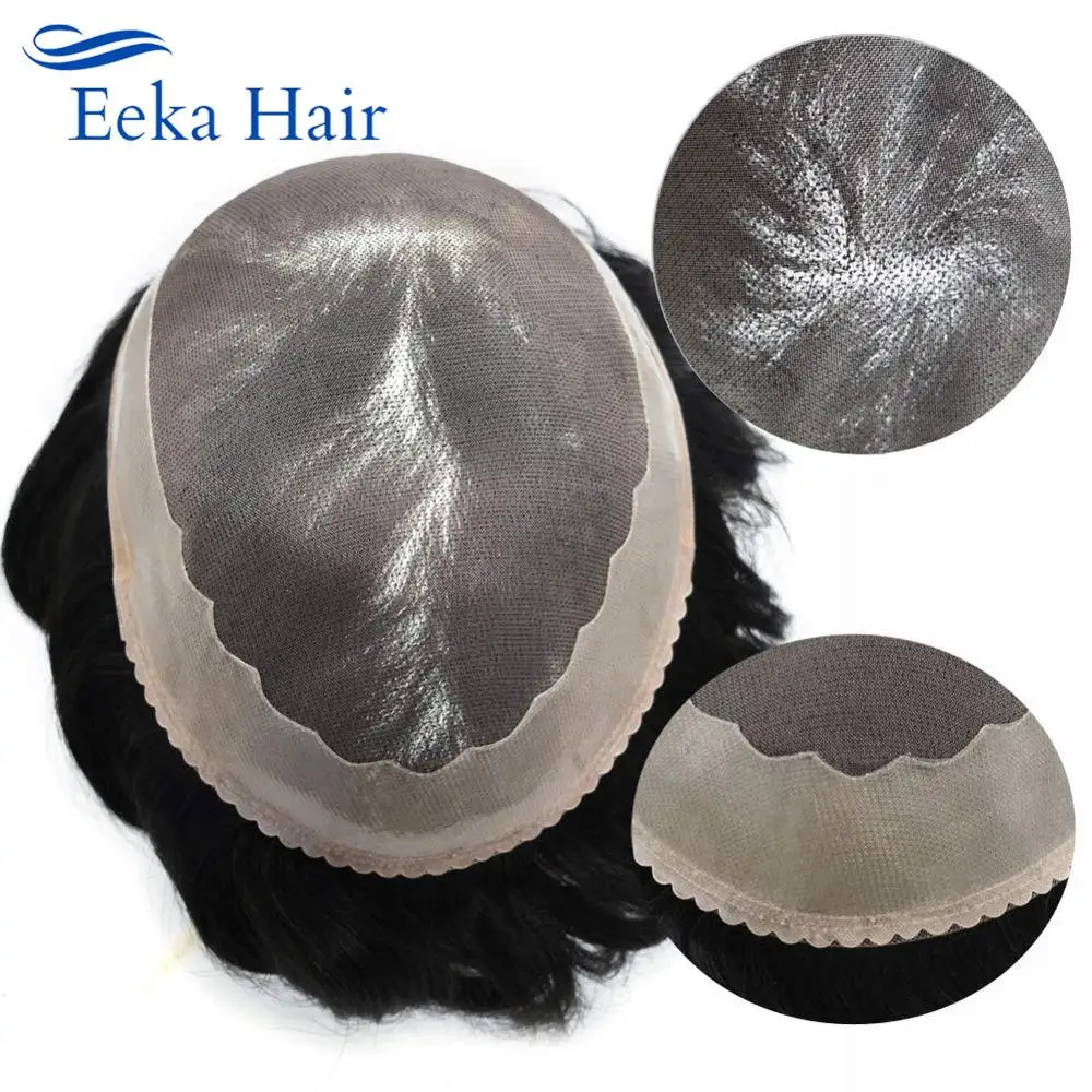 

HAIR System Fine Mono Mens Toupee Black Human Hair Replacement Poly Skin Around Hairpiece Natural Hairline Wig Unit