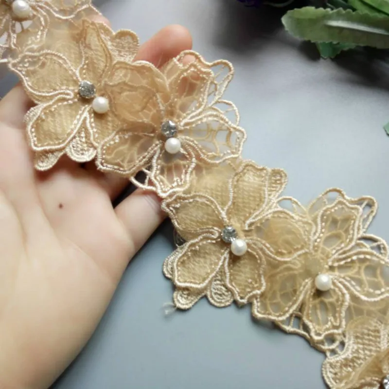 

1 yards Gold 8cm Pearl Flower Embroidered Lace Trim Ribbon Floral Applique Fabric Patches DIY Wedding Dress Sewing Craft