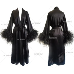 Ladies Black Satin Silk Robe with Ostrich Feathers Wedding Robes Bridal Sleepwear Dressing Gown Pregnancy Photoshoot Dress