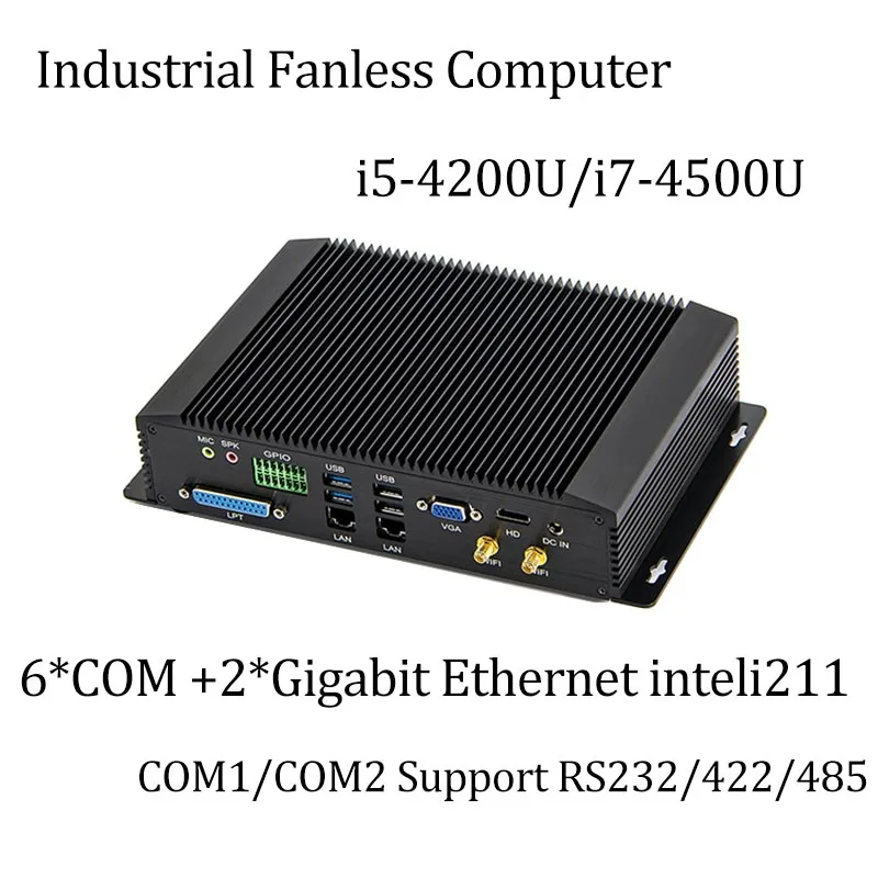 6 com duplo lan intel i225 fanless mini pc intel 4gen i5-4200U/i7-4500U rs232, 422,485 com usb wifi computador de mesa industrial