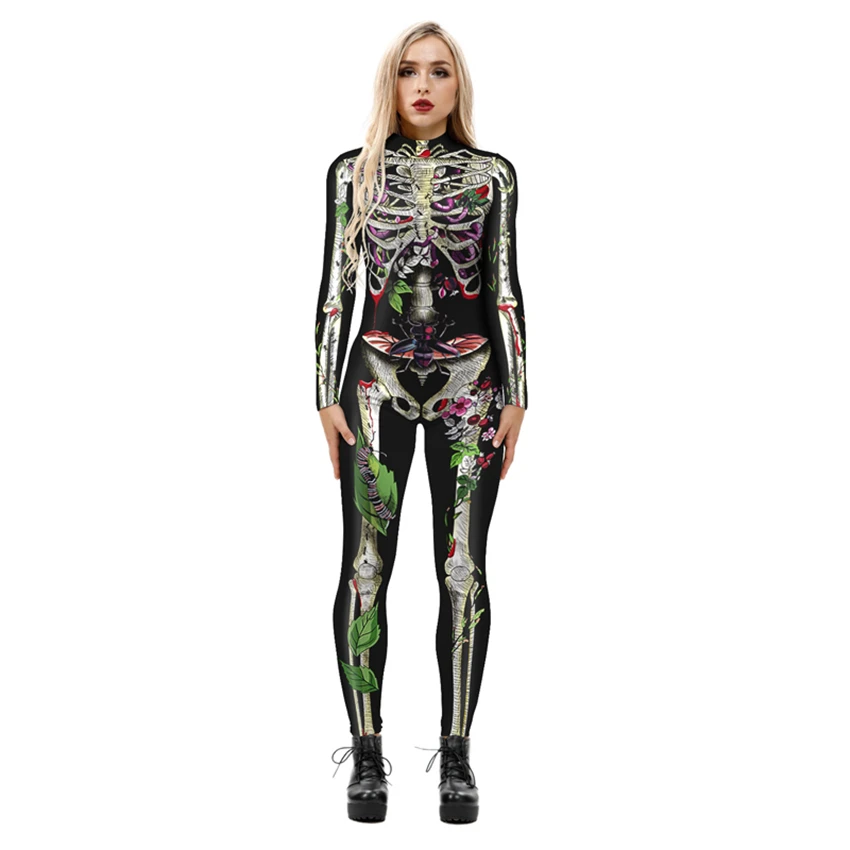 Kostium na Halloween szkielet body kobiety straszny wampir Fancy Print karnawał Party duch dzień zmarłych Sexy diabeł kombinezon