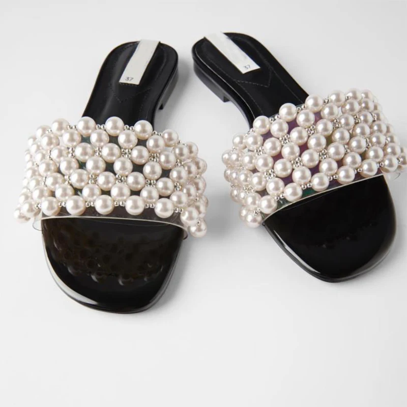 Bling Bling Rhinestone Pearl PVC Slipper Girls' Full Beads Sandals Peep Toe Flats Gladiator Summer Leisure Slip on Slide