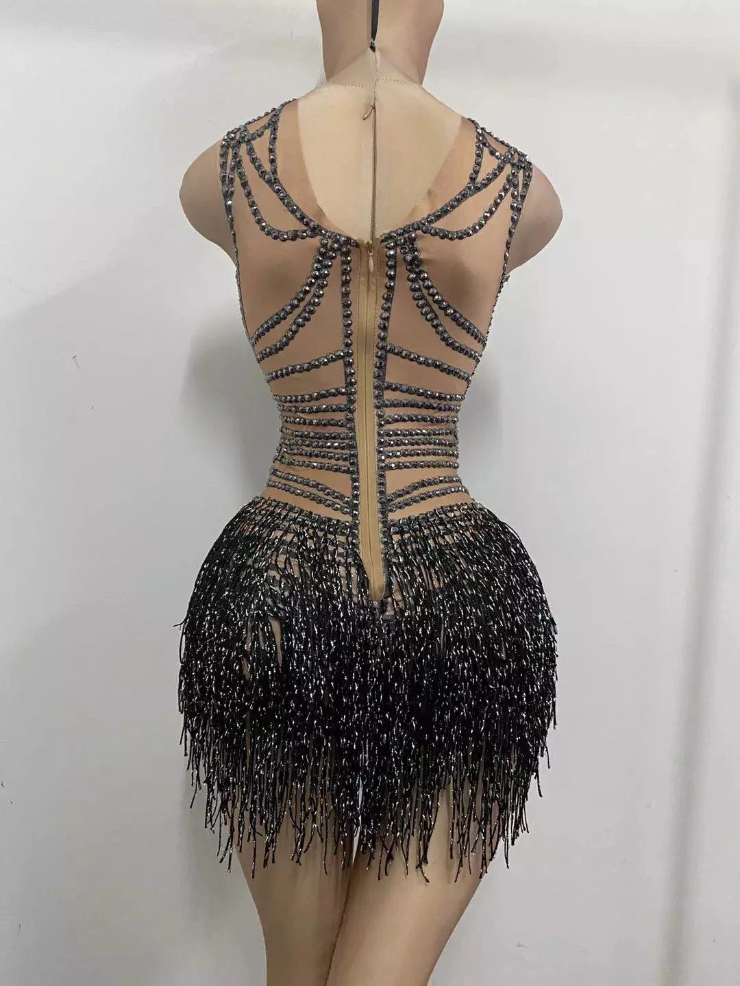 Crystal Tassel Nude Dancer Bodysuit Women Sleeveless Elastic Rhinestone Leotard Nightclub DS Dance Outfits