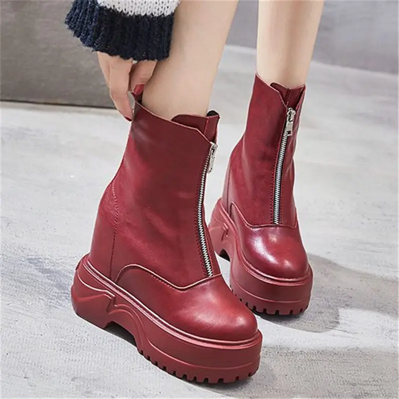 Women Cow Leather Round Toe Ankle Boots Platform Wedge High Heel Front Zip Military Combat Motorcycle Creepers Casual Shoes