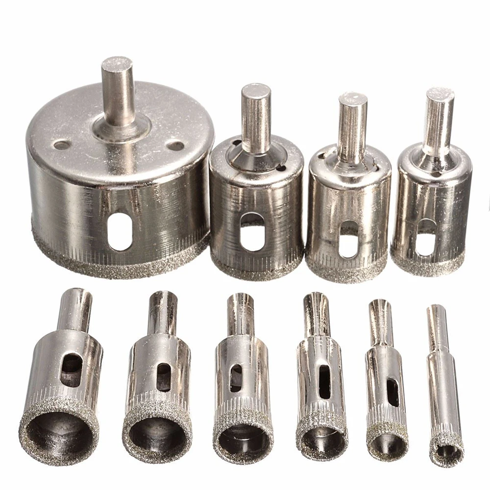 10pcs silver Diamond Coated Hole Saw Drill Bit Tool Set 8/10/12/14/16/18/20/22/25/50mm For Tile Ceramic Marble Glass