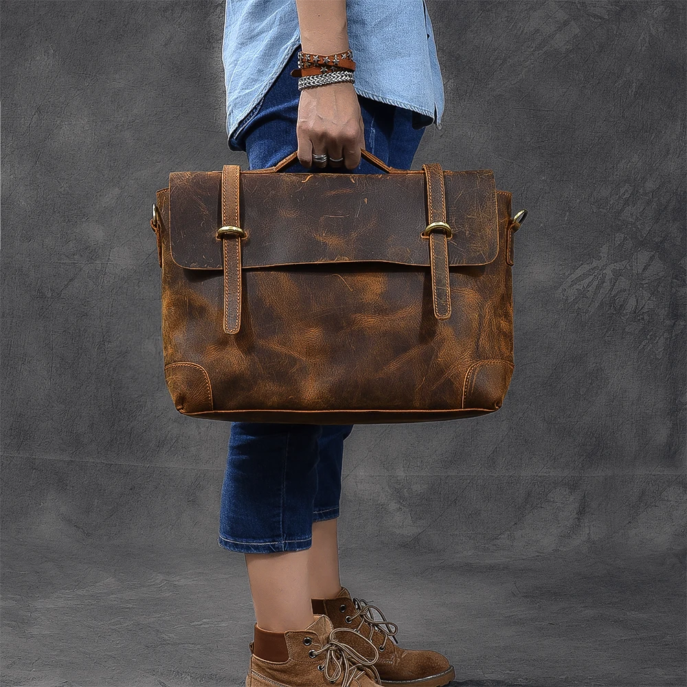 Imported leather retro men's handbag leather male laptop bag briefcase classic crazy horse leather men shoulder Messenger bags