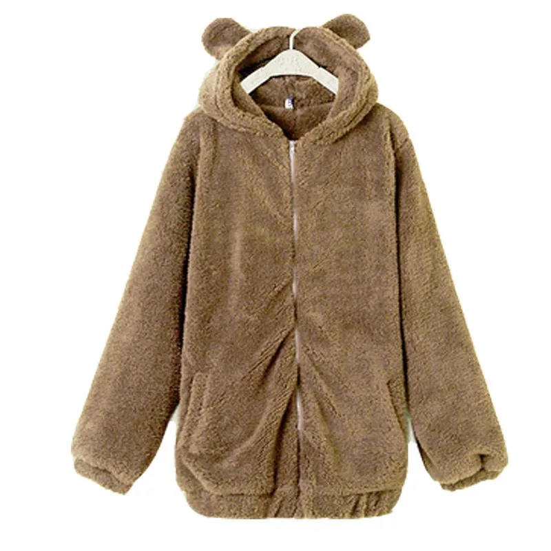 2024 Winter Cute Little Bear Bunny Ears Small Tail Cartoon Plush Lady Hoodie Mid-length Long Solid Color Loose Zipper Girl Coat