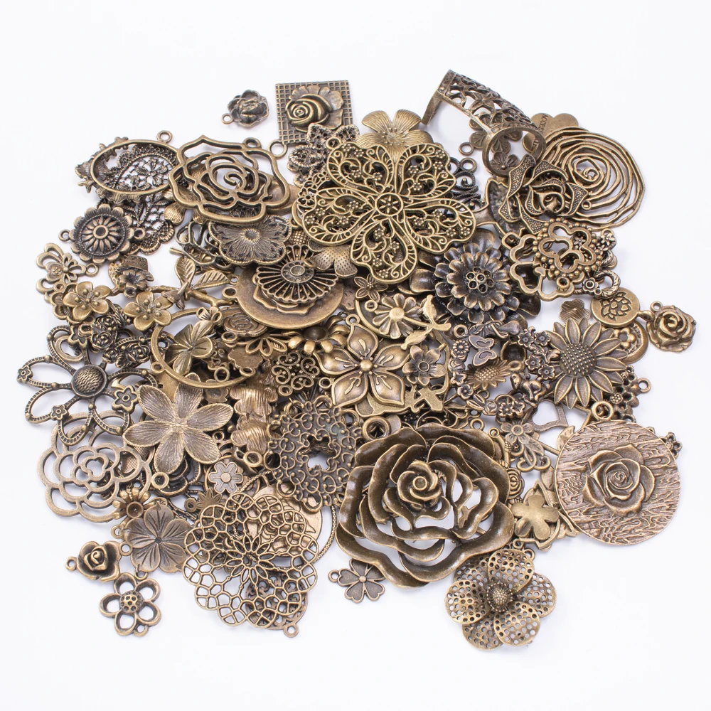 100g hot sale metal plant flower mixed pendant antique bronze bracelet necklace handmade jewelry production wholesale