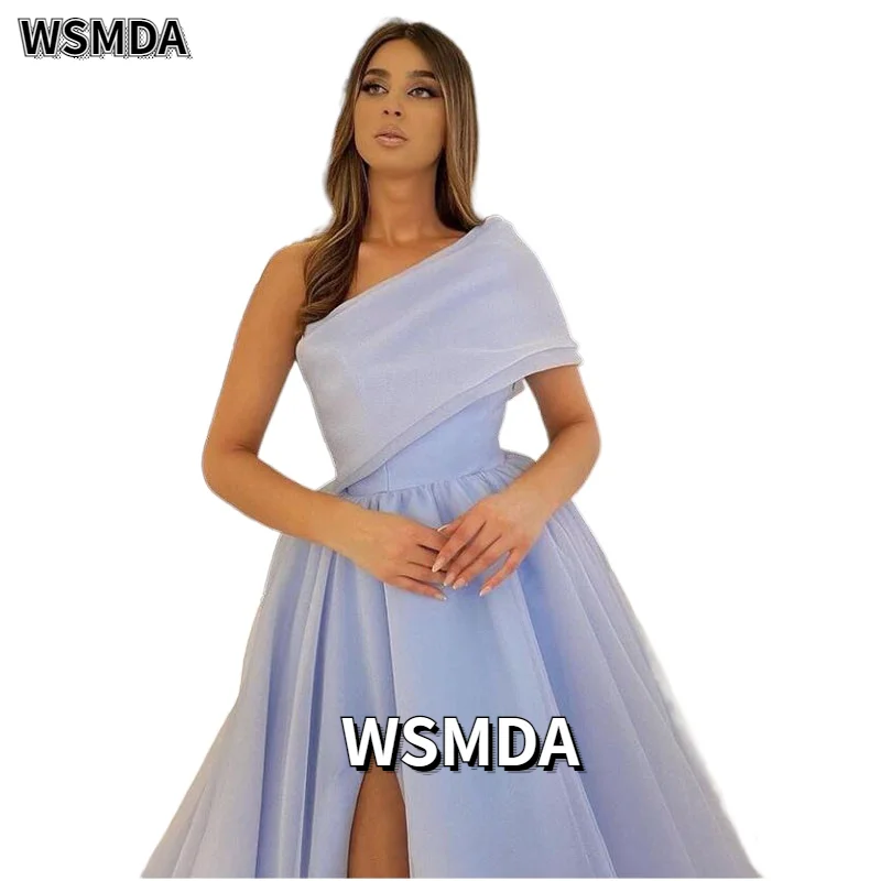 Vestidos de Noche formales de Organza, color azul cielo, un hombro, abertura lateral, Vestido largo de tul, corte en A, para fiesta y graduación