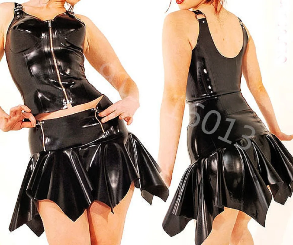 

100% Rubber Latex Women Sexy Black Camisole Sling and Skirts Suit With Zipper Size XXS-XXL