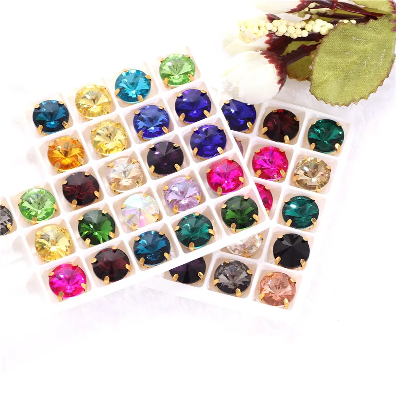 Round Rivoli Sew On Rhinestones Crystal Glass  With Gold Claw sew on stone for  clothing accessories shoes bag diy trim