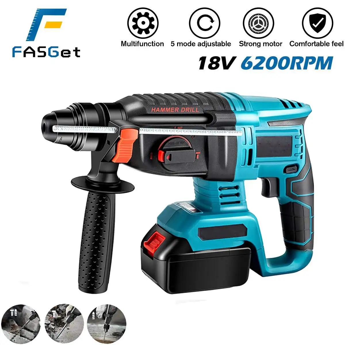 

FASGet 18V 19800mAh Brushless Electric Rotary Hammer Rechargeable Multifunction Electric Hammer Impact Power Drill with Battery