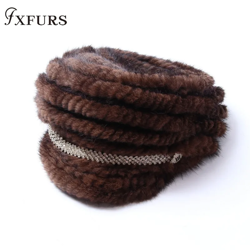 2020 New Winter Women Knitted Mink Fur Hats Peaked Mink Caps with Diamond Fashion Real Fur Beanies Visors Girls Causal Headgears