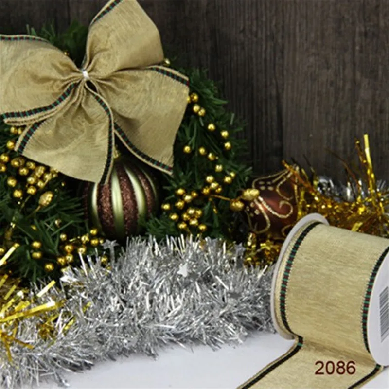 

N2086 6.3CM Wired Golden Net Metallic Ribbon with green lurex edges for gift packaging 25yards roll