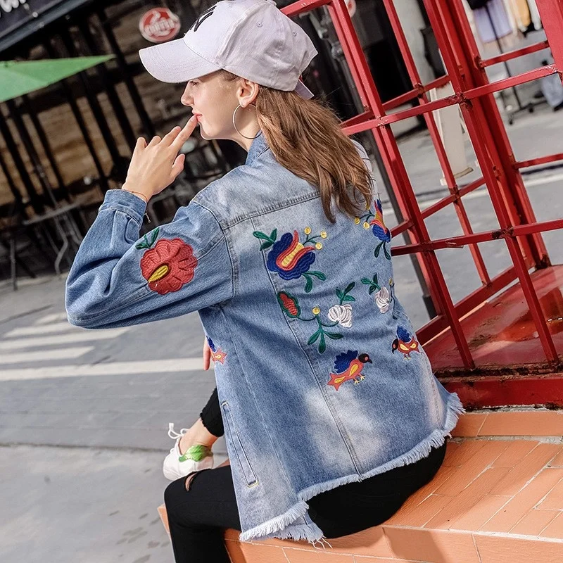 Flower New Embroidery Loose Denim Coat Women Ripped Hole Boyfriend Style Jeans Jacket Fashion Casual Spring Clothes Female