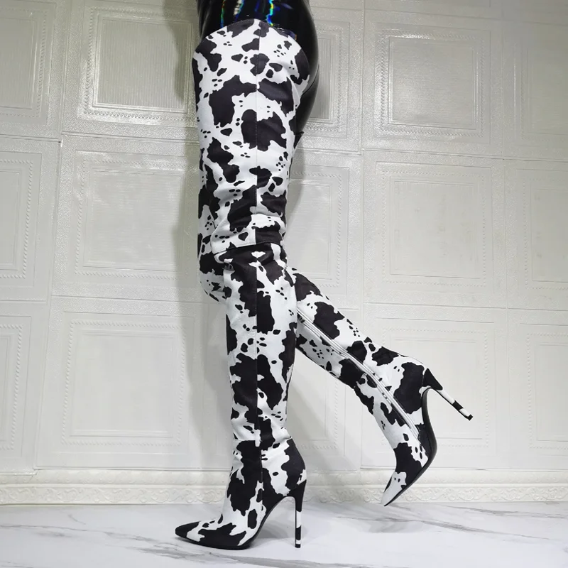 Cow Print Stretch Boots Stiletto Heel Shoes Women Pointy Toe Side Zip Sexy Thigh High Boots Super Long Big Size 47