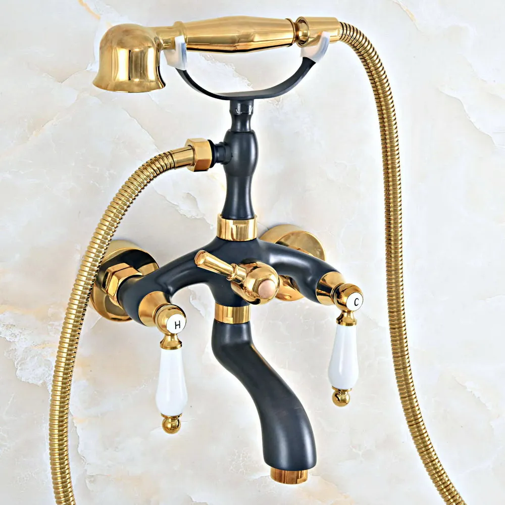 

Black Gold Bathtub Faucets Telephone Style Tub Mixer Taps Dual Handle Bathroom Bath Shower Faucet with Handshower zna435