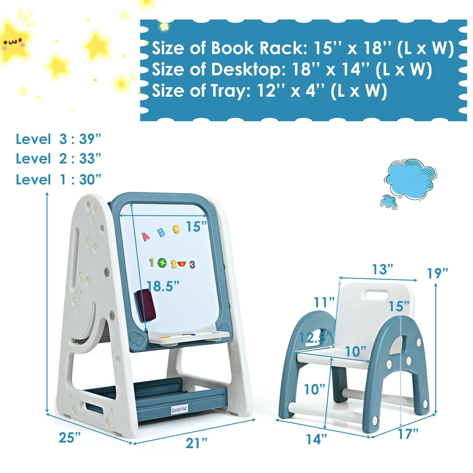 Conjunto 2 em 1 cadeira de mesa infantil, cavalete para livros, prateleira para livros, arte ajustável, pintura, placa