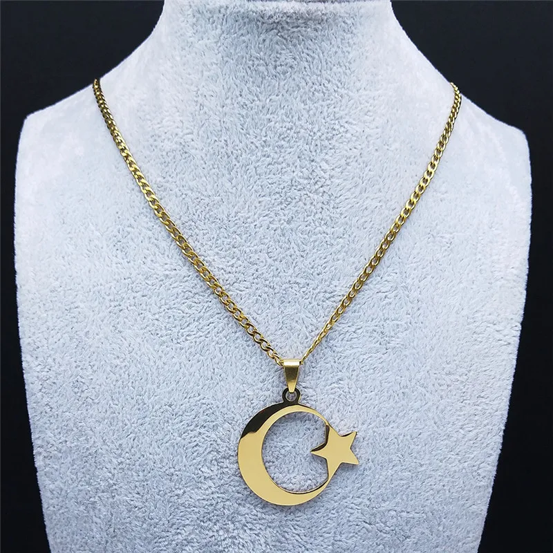 Muslimische Islamische Halbmond-Stern-Halskette aus Edelstahl für Frauen, Goldfarben Anhänger-Halskette, Amulett-Schmuck Geschenk – Detail 8