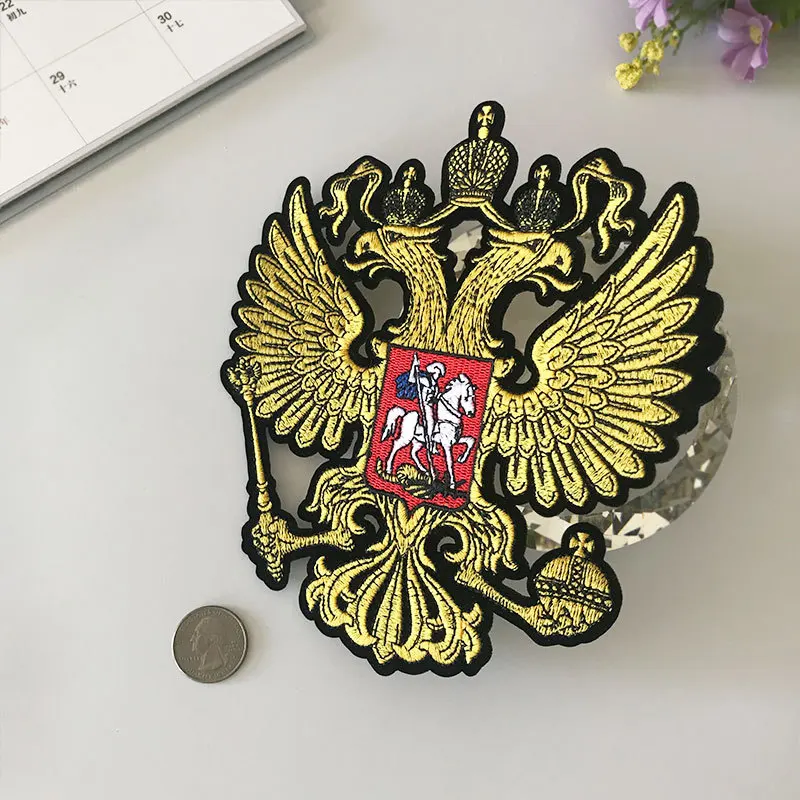 Russia National Emblem Patches Iron on Coat Double Eagle Back Rubber Embroidery Clothing Accessories Biker Patches