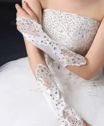 Guantes largos de cristal de diamantes de imitación de satén para novias de boda de encaje