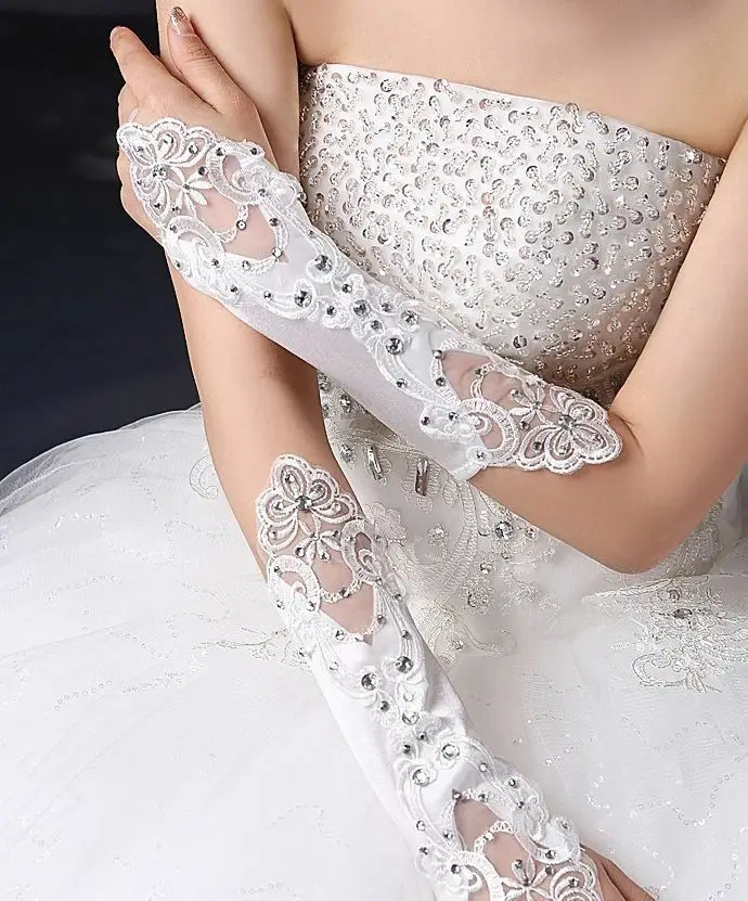 LACE WEDDING BRIDES SATIN RHINESTONE CRYSTAL LONG GLOVES