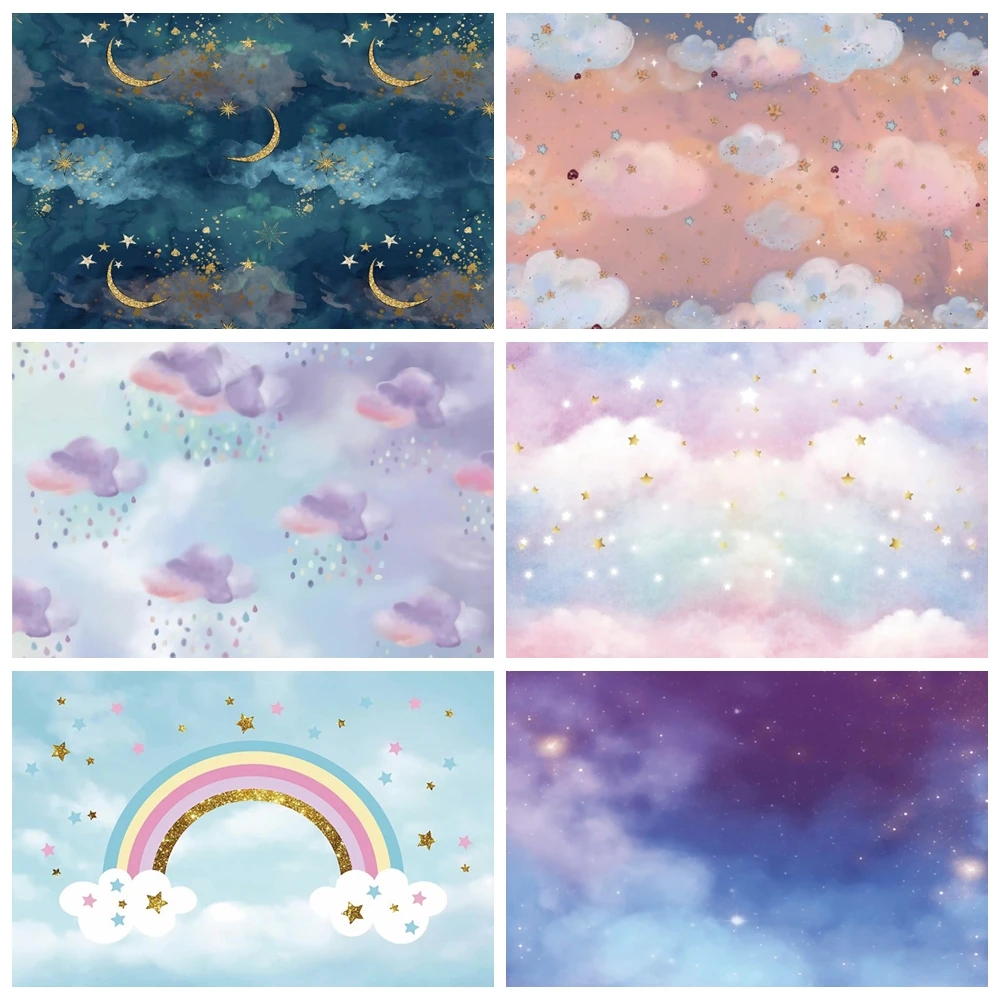 Laeacco Baby Shower Photocall Cloudy Sky Rainbow Stars Moon Children Kids Newborn Backdrops Photography Backgrounds Photo Studio