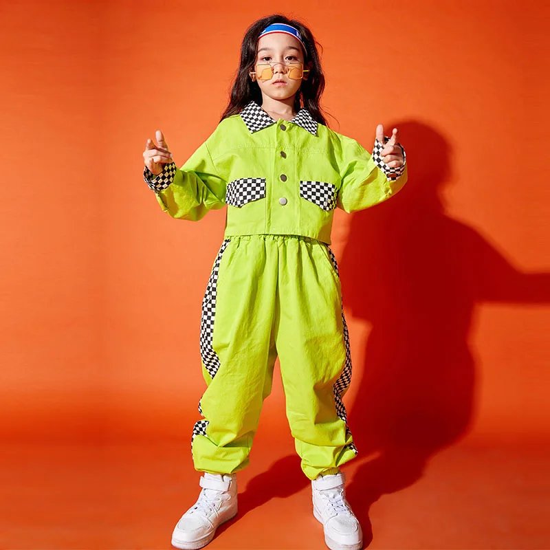 Ropa de Hip Hop para chico, Top corto, camisa de manga larga, chaqueta, ropa de calle, pantalones de correr a cuadros para niña, disfraz de baile