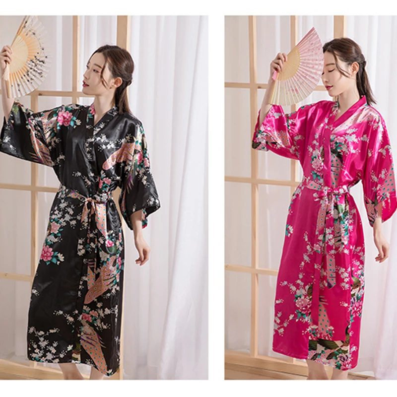 

Women Robe Loose Flower Peacock Print Kimono Bathrobe Dress Bride Bridesmaid Wedding Satin Comfortable Pajamas Sexy Nightgownr