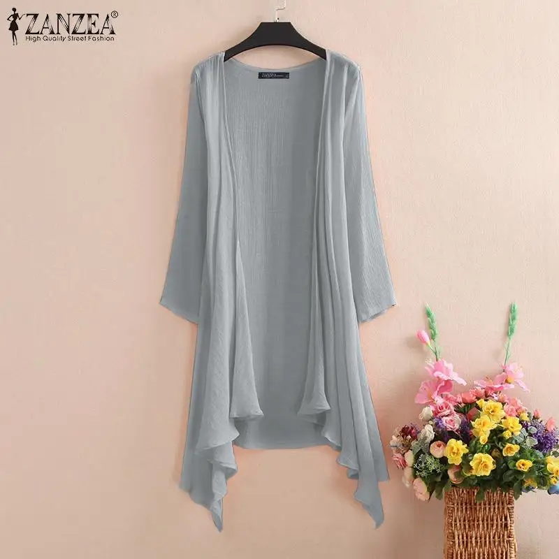 Women\'s Summer Blouse Cover Up ZANZEA Elegant Solid Cardigans Casual Long Sleeve Irregular Tops Beach Kimono