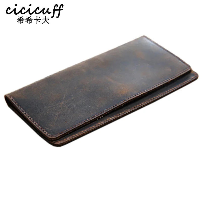 Cienki prosty klips na pieniądze dla mężczyzn Crazy Horse oryginalne skórzane etui na książeczki czekowe Vintage skórzane długie portfele Slim Billfold