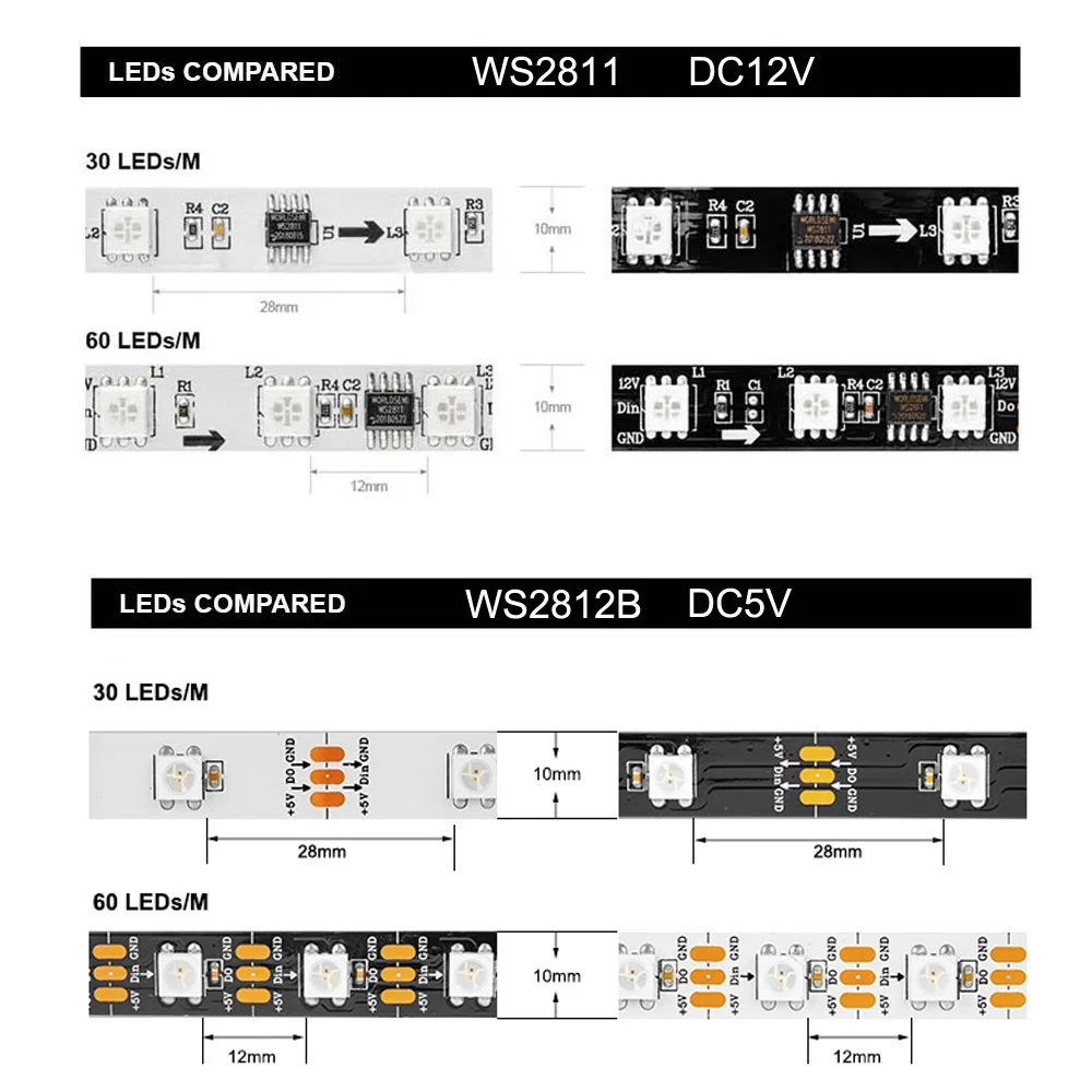 5V WS2812B 12V WS2811 WS2815 LED Strip Light RGB Dual Signal WS2812 LED Lights Tape Individually Addressable 1m 5m 30led 60led