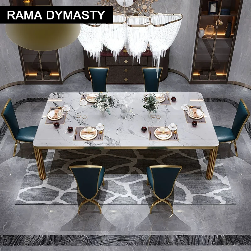 

Rama Dymasty Luxury stainless steel Dining Room Set Home Furniture modern marble dining table and chairs,rectangle table