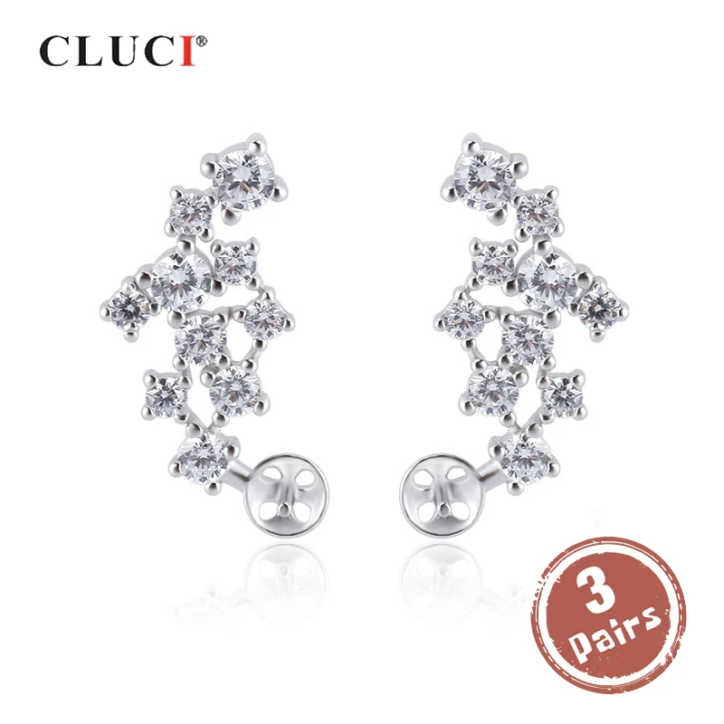 

CLUCI 3 pair Women 925 Sterling Silver Stud Earring for Party Symmetic Geometric Zircon Pearl Earring Mounting Jewelry SE131SB