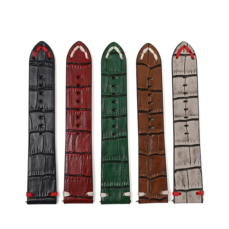 Vintage Calfskin Genuine Leather Watchband 20mm 22mm Hand-stitched Strap Bamboo Pattern Quick Release for Watch Accessories