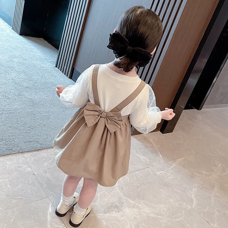 2021 Spring New Arrival Toddler Girls Clothing Sets Long Sleeve O-neck T-shirt+Mesh Bow Vest Dress Outfit 2pc Kids Sets 1-7Yrs